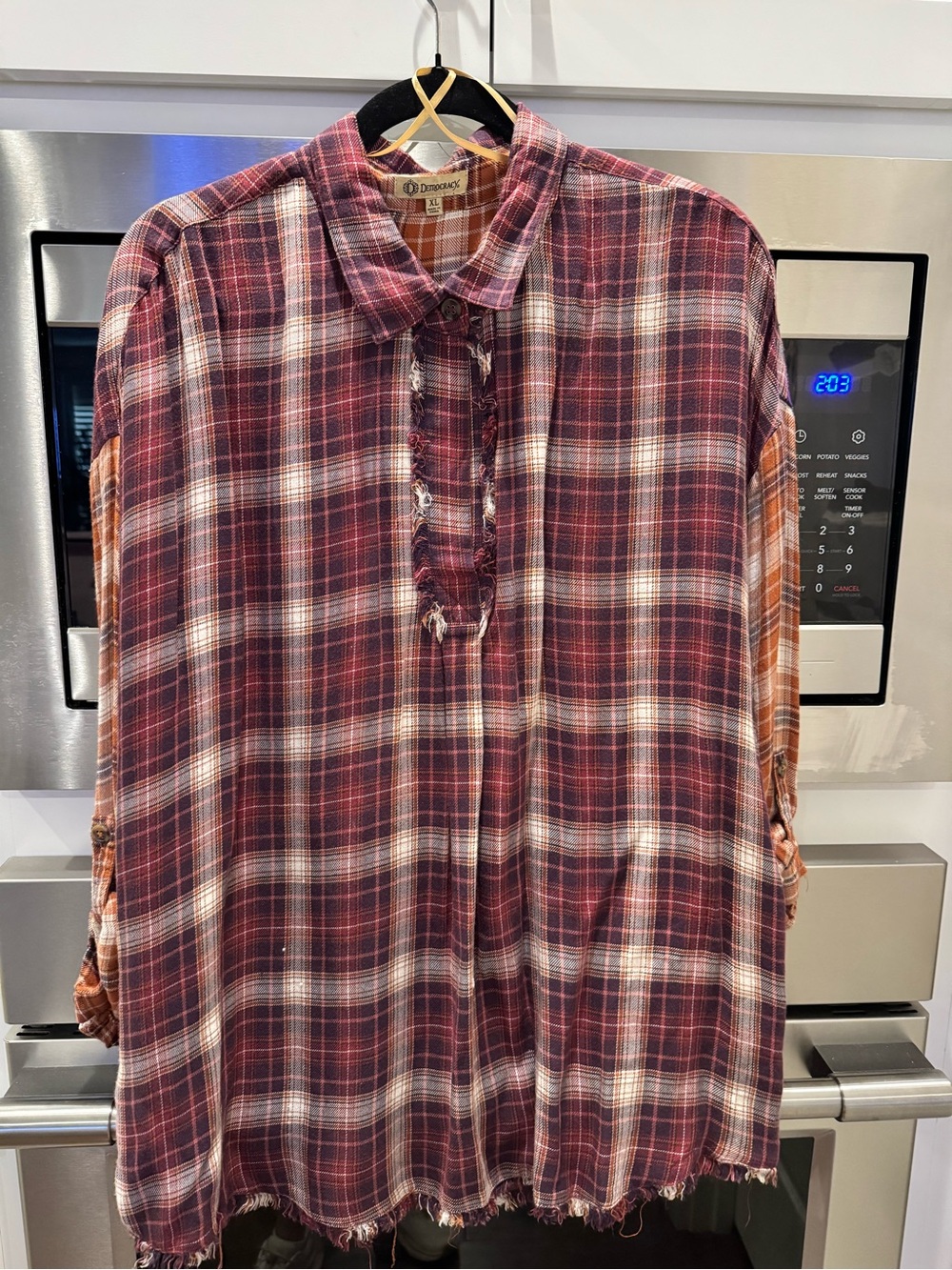 Democracy Maroon and White Distressed Plaid Button-Down Shirt